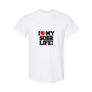 a white t-shirt with black text showing I heart my SOBRLIFE